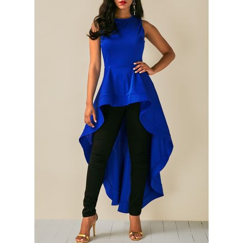 Sleeveless Royal Blue High Low Blouse (33 PAB) ❤ liked on Polyvore featuring tops, blouses, blue, collar blouse, sleeveless collared blouse, blue sleeveless blouse, long tops and long sleeve tops Royal Blue Top Outfit, Blue Top Outfit, Denim Clothes, Clothes Black, High Low Blouse, Trendy Tops For Women, Elegante Casual, Cheap Womens Clothing, Women Christmas