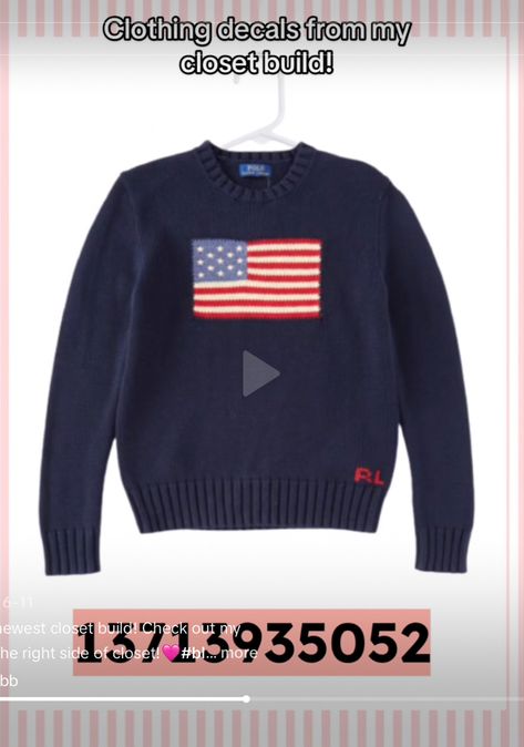 Bloxburg American Flag Code, Closet Decals, Bloxburg Closet, Ralph Lauren House, Ralph Lauren Sweater American Flag, Ralph Lauren Flag Sweater, Polo Ralph Lauren American Flag Sweater, Mall Ideas, Navy Ralph Lauren Flag Sweater