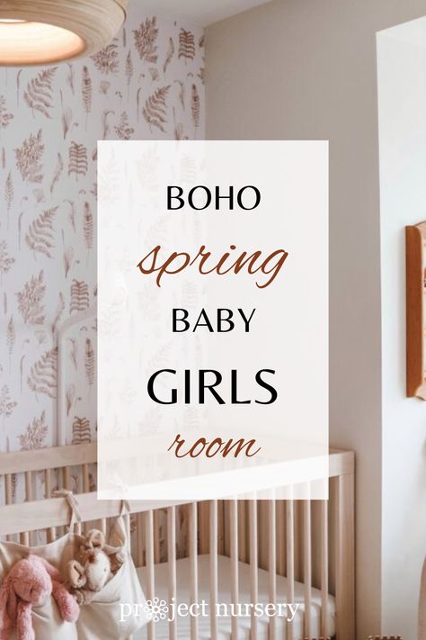 Boho botanical floral wallpaper in a neutral baby girls nursery. Boho Baby Girl Nursery, Botanical Nursery, Girl Nursery Wallpaper, Boho Baby Nursery, Best Baby Cribs, Baby Nursery Design, Nursery Accent Wall, Fern Design