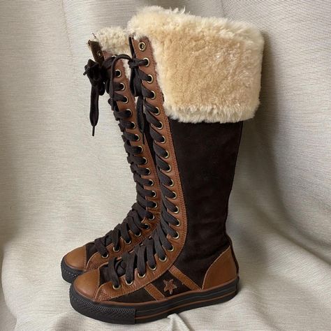 brown leather boots converse lace up moto biker... - Depop Shoes 2000s, Boots Converse, Knee High Converse, High Converse, How To Lace Converse, Converse Brown, Boxing Shoes, Grunge Y2k, Brown Leather Boots