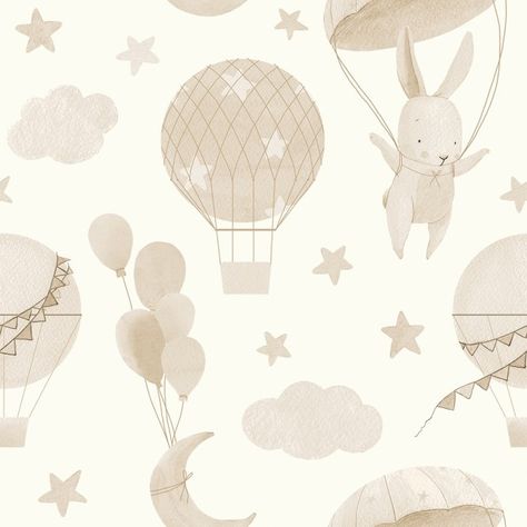 High Flying Bunny Wallpaper in Neutrals | I Love Wallpaper First Birthday Backdrop Ideas, Nursery Wallpaper Neutral, Quiet Aesthetic, Wallpaper Colourful, Neutral Colour Scheme, I Love Wallpaper, Rabbit Wallpaper, Baby Animal Drawings, Nursery Patterns