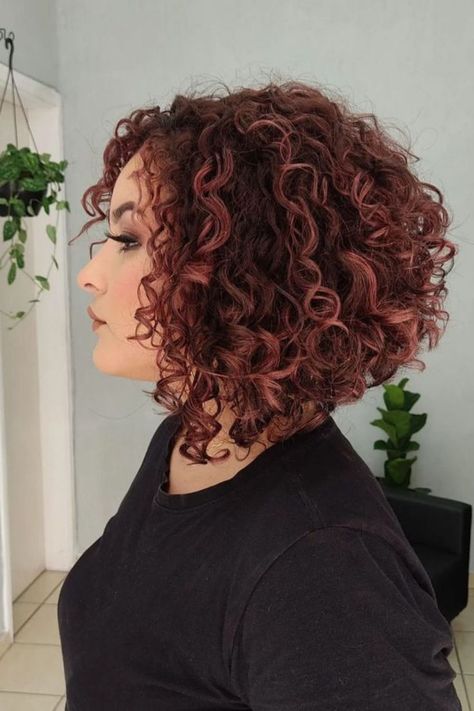 Curly Angled Bob With Highlights Graduated Bob Curly Hair, Graduated Bob Haircuts With Fringe, Curly Hair Angled Bob, Coily Bob Hairstyles, Angled Curly Bob Hairstyles, Curly Graduated Bob, Curly Angled Bob Medium, Angled Curly Bob, Bob Hairstyles Curly Hair