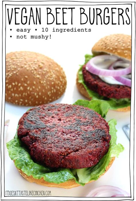 Vegan Beet Burgers! Quick and easy recipe for a hearty veggie burger with a perfect bite (not mushy). Egg-free, dairy-free, vegetarian. #itdoesnttastelikechicken #veganrecipes #veggieburger Vegan Beet Burger, Beet Burger Recipe, Beet Burgers, Vegan Bbq Recipes, Vegan Burger Recipe, Beet Burger, Lentil Burgers, Vegan Burgers, Vegan Sandwich