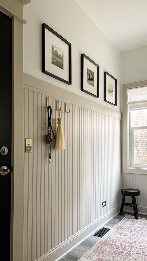 Customizing our home one room at a time. My biggest tip for creating a custom look in a builder grade home is wall treatments. Installing… | Instagram Installing Beadboard, Brass Switch Plates, Painted Beadboard, Beadboard Wall, Brass Switch, Beadboard Bathroom, Bead Board Walls, Builder Grade, Home Entrance Decor