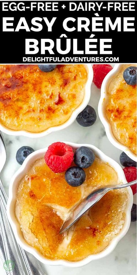 A divine French classic made vegan! It’s rich, creamy no-bake vegan crème brûlée and it’s the perfect vegan dessert to serve after any meal. This decadent plant-based treat calls for just six ingredients and is gluten-free, dairy-free, and egg-free! Just like the classic, this one has golden-brown caramelized sugar on top that you’ll love cracking into, to reveal the rich vanilla custard beneath. Add this easy vegan recipe to your list of the best vegan desserts to make this week! Baked Custard Recipe, Vegan Creme Brulee, Crème Brûlée Recipe, Dairy Free Custard, Vanilla Custard Recipe, Non Dairy Desserts, Classic French Desserts, Creme Brulee Recipe, Baked Custard