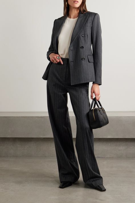 Max Mara's double-breasted 'Ofride' blazer is tailored from twill blended with plenty of wool and cotton and patterned with classic pinstripes. Wide peak lapels and padded shoulders keep it looking sharp. Tailored Suit Women, Sixth Form Outfits, Costume Gris, Timeless Outfits, Corporate Fashion, Suits Clothing, Smart Outfit, Work Suits, Pantsuits For Women