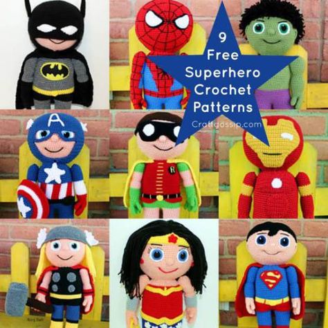 free-crochet-pattern-super-hero-batman-ironman-wonderwoman-thor-superman-hulk-marvel Crochet Superman, Batman Ironman, Superman Hulk, Superhero Dolls, Superhero Toys, Crochet Mignon, Confection Au Crochet, Pola Amigurumi, Hulk Marvel