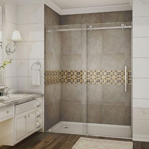 Aston Moselle 60 in. x 75 in. Completely Frameless Sliding Shower Door in Stainless Steel with Clear Glass Steel Shower Door, Shower Alcove, Frameless Sliding Doors, Frameless Sliding Shower Doors, Frameless Shower Door, Bathtub Doors, Latest Bathroom, Tub Doors, Frameless Shower Doors