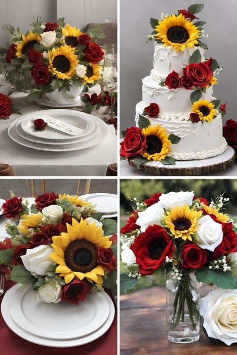 Red And Yellow Wedding Theme, Red Sunflower Wedding, Sunflower Wedding Theme, Red Roses And Sunflowers, Fall Sunflower Weddings, Lavender Wedding Colors, Red Roses Wedding, Rose Wedding Theme, Sunflower Wedding Decorations