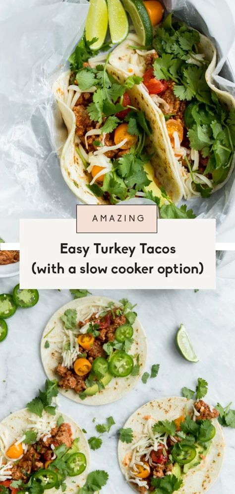 Easy healthy turkey tacos made on the stovetop or in your slow cooker. These delicious ground turkey tacos are made with a perfectly spiced, flavorful DIY homemade taco seasoning that you'll want to use for tons of recipes. This is our go-to weeknight healthy taco recipe! Healthy Taco Recipes, Healthy Taco, Ground Turkey Tacos, Avocado Guacamole, Healthy Ground Turkey, Slow Cooker Turkey, Turkey Tacos, Ambitious Kitchen, Healthy Turkey