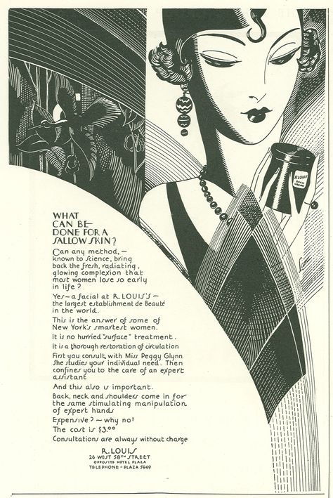 Gatsby-era Ads - R. Louis Arte Art Deco, Deco Poster, Beauty Ad, Kunst Inspiration, 1920s Art, Vintage Ads, Pretty Art, New Yorker, Vintage Illustration