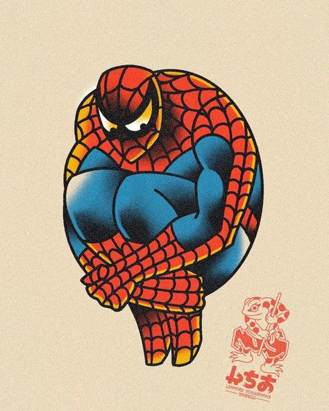 Cartoon Spiderman Tattoo, Spider Man Traditional Tattoo, Traditional Spiderman Tattoo, Spider Man Tattoo Ideas, Tattoo Spiderman, Spider Man Tattoo, Phoenix Tattoo For Men, Pop Culture Tattoos, Spiderman Poses