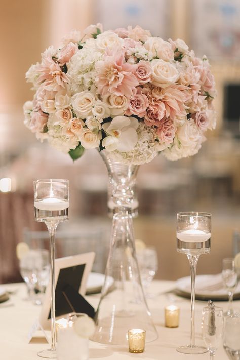 Blush Flower Centerpieces Wedding, Pink And White Flower Centerpieces Wedding, Pink Floral Wedding Centerpieces, Tall Ceremony Floral Arrangements, Tall Reception Centerpieces, Pink White Centerpiece, Blush Pink Centerpieces, Pastel Pink Wedding Theme, Blush Wedding Centerpieces