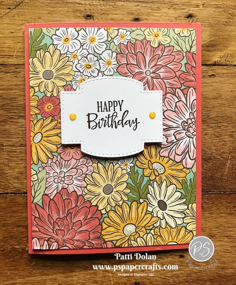 DIY Handmade Fun Fold Birthday Card with a place for a gift card.  I used the Ornate Garden DSP and Stitched So Sweetly Dies from Stampin' Up!  Watch the video on my Blog. Stampin Up Patio Party Dsp, Favored Flowers Dsp Stampin Up Cards, Stampin Up Birthday Gift Card Holder, Stampin Up Pattern Party Dsp Cards, Ornate Garden Dsp Stampin Up Cards, Stampin Up Ornate Garden Suite Cards, Stampin Up Ornate Garden Dsp, Dahlias Flower, Birthday Gift Card Holder