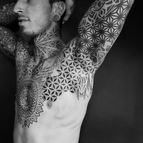 Sleeve Tattoos For Guys Geometric, Mandala Tattoo Throat, Geometric Throat Tattoo, 1 Of 1 Tattoo, Armpit Tattoo, Front Neck Tattoo, Geometric Tattoo Sleeve Designs, Geometric Tattoo Pattern, Sleeve Tattoos For Guys