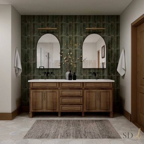 Modern Meets Classic - Master Bath Makeover Master Bath Makeover, Belgian Farmhouse, Earthy Bathroom, Green Tile Bathroom, Bath Makeover, Timeless Bathroom, Hall Bathroom, Master Bath Remodel, Modern Farmhouse Bathroom