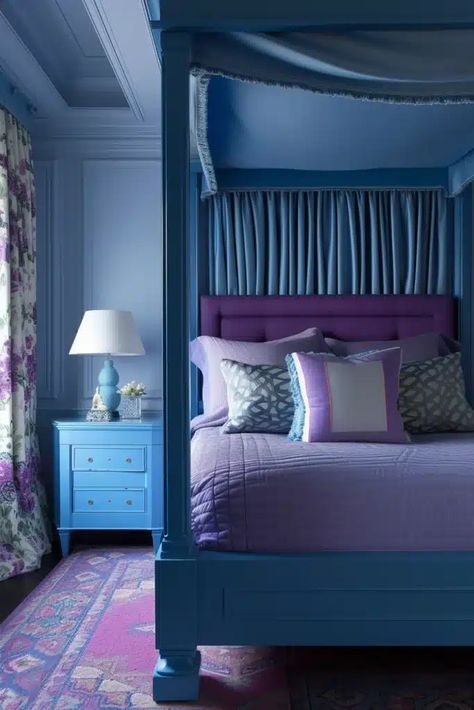 Blue And Purple Bedroom Ideas, Blue Purple Bedroom, Purple And Blue Room, Blue And Purple Bedroom, Indigo Bedroom, Purple Accent Wall, Purple Bedroom Ideas, Purple Bedspread, Lavender Throw Pillows