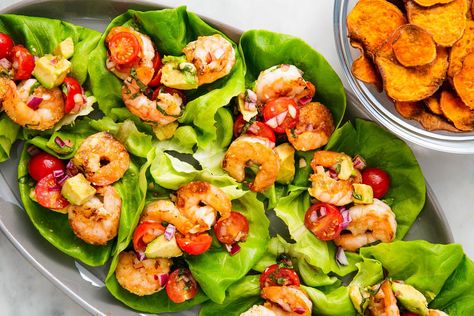 We're Obsessed With These Basil Avocado Shrimp Salad WrapsDelish Avocado Shrimp Salad, Avocado Shrimp, Chicken Lettuce Cups, Shrimp Lettuce Wraps, Prawn Salad, Shrimp Avocado Salad, Salad Lettuce, Avocado Salad Recipes, Lettuce Wrap Recipes