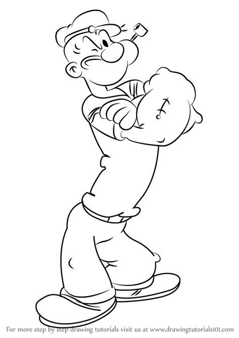 How to Draw Popeye from Popeye the Sailor - DrawingTutorials101.com Popeye Tattoo, Colouring Book Pages, Popeye Cartoon, Popeye The Sailor Man, Cartoon Character Tattoos, Drawing Cartoon Characters, Disney Art Drawings, Cartoon Sketches, The Sailor