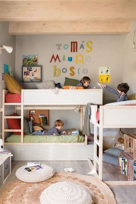 Multiple Bunk Beds, Multiple Kids Bedroom, Boys Bedroom Bunk Beds, Ikea Kids Bedroom, 3 Kids Bedroom, Shared Bedroom Ideas, Boy And Girl Shared Room, Ikea Bunk Bed, Kura Hack