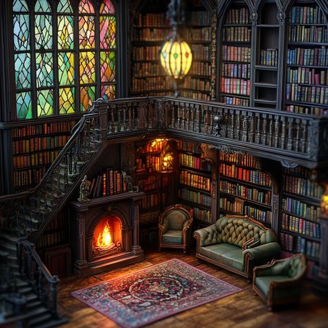 old gothic library, old books on all shelves, stained glass lamp, large velvet stuffed chairs Old Fashioned Library, Goth Library, Vampire Library, Romantic Horror, Gothic Library, Victorian Library, Dollhouse Makeover, Gothic Dollhouse, Stained Glass Lamp