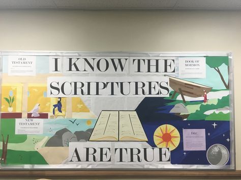 2016_I Know the Scriptures are True_Bulletin Board_Detailed Slide show on the blog. Primary LDS Church Christian Church Christian, Primary Ideas, Primary Activities, Lds Primary, Activities For Children, Lds Church, Slide Show, Bulletin Boards, Bulletin Board