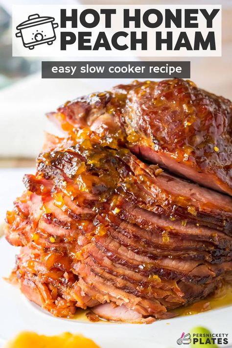 Sweet And Spicy Ham, Slow Cooker Honey Glazed Ham, Hot Honey Ham Glaze, Sweet And Spicy Ham Glaze, Slow Cooker Bone In Ham, Hot Honey Ideas, Bone In Ham Crockpot, Spiral Ham In Crockpot Slow Cooker, Crock Pot Spiral Ham