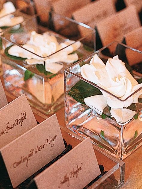 One Fine Day | BridalGuide Vases With Flowers, Place Card Table, Wedding Table Setup, Party Seating, Place Wedding, Small Vases, Wedding Name Cards, Wedding Details Card, Table Place Cards