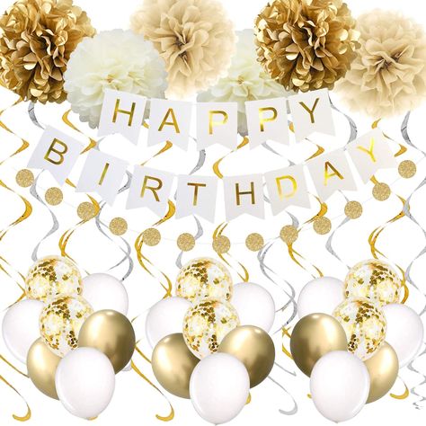 PRICES MAY VARY. Value Pack: includes "HAPPY BIRTHDAY" banner (1set), gold dot paper garland, metallic gold latex balloons(6pcs), white latex balloons(9pcs), pre-filled gold confetti balloon(6pcs), flower pompoms(6pcs total) , gold hanging swirls (6pcs), silver hanging swirls(6pcs) Perfect Gold and White Parties Decoration: Our white and gold party decorations will give you a white and gold world. Easy to use and included everything you'll need to celebrate your birthday party. High Quality: Mad Gold White Birthday Decorations, Gold Birthday Party Decorations, Gold Birthday Decorations, 70th Birthday Decorations, White Party Decorations, Gold Confetti Balloons, Woman Birthday Party, Gold Party Decorations, Gold Birthday Party