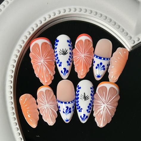 Orange & Clase Azul 🍊💙 I want to do more 3D citrus and fruit nails for summer PLEASE!!! . . . #nails #nailsnailsnails #nailsofinstagram #nailsart #nailsmagazine #naildesign #naildesigns #nailaddict #nailartist #nailinspo #3dnailart #3dnails #citrus #citrusnails #fruitnails #pressonnails #luxurypressonnails #pressons #gelnails Citrus Nails, Azul Nails, Fruit Nails, Nails For Summer, 3d Nail Art, Nails Magazine, 3d Nails, Nail Artist, Press On Nails