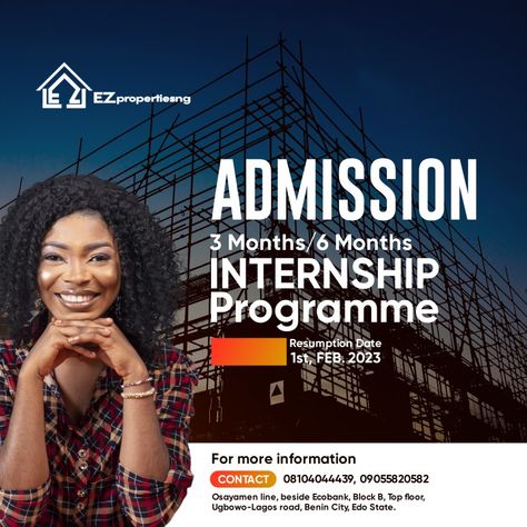 Internship Poster Design Ideas, Admission Flyer Design, Benin City, Media Poster, Birthday Flyer, Graphic Design Ads, Internship Program, Social Media Poster, Social Media Design Graphics