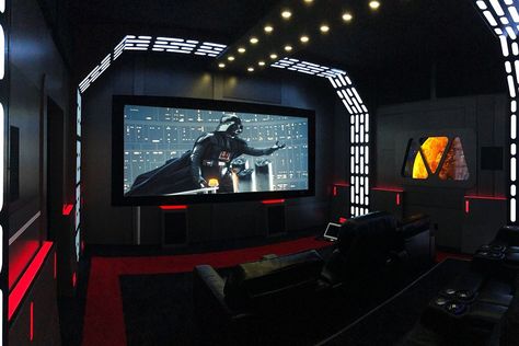 Stage Technology, Star Wars Basement, Star Wars Theme Room, Star Wars Office, Lightsaber Ideas, Star Wars Man Cave, Star Wars Home, Sala Cinema, Movie Theater Rooms