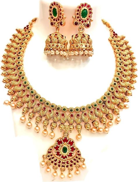 Haram design Gold_plated artificial Wedding Bridal temple jewellery Necklace set with Mango design for Women By Indian Collectible Bridal Temple Jewellery, Artificial Jewellery Set, Temple Jewellery Necklace, Mango Design, Bts Bracelet, Temple Jewelry Necklace, Artificial Jewellery, Jewellery Necklace, Bridal Jewellery