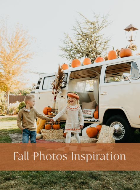 Get out your coziest fall outfits because we have some inspiration for the cutest, fall aesthic photoshoots! Vintage VW buses, pumpkin stands, and the majestic Utah mountians. Fall Camper Photoshoot, Fall Aesthetic Photoshoot, Vw Bus Photography, Fall Aesthic, Shy Photography, Vw Bus Photo, Utah Fall, Photoshoot Vintage, Pumpkin Stands