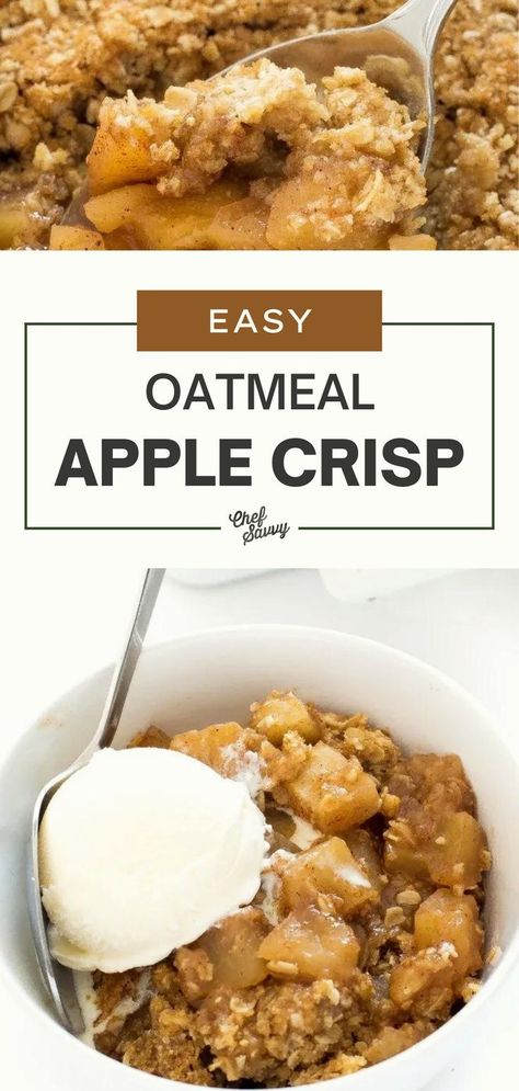 Save this Easy & Healthy Oatmeal Apple Crisp Recipe. This easy Oatmeal Apple Crisp recipe is reminiscent of homemade apple pie and apple cobbler. Topped with a crunchy oat streusel and filled with fresh baked apples, this is sure to be your favorite fall-inspired dessert. Follow Chef Savvy for more easy and delicious holidays recipes! Healthy Apple Pie Filling, Oatmeal Apple Crisp, Easy Healthy Oatmeal, Apple Cobbler Easy, Apple Crisp No Oats, Apple Crisp With Oatmeal, Apple Crisp Dessert, Oatmeal Dessert, Oatmeal Apple