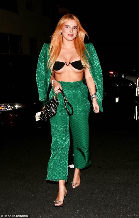 Busty: Bella Thorne barely concealed her assets in a TINY bra and textured Gucci suit as she attended a pre Grammy bash in Los Angeles on Friday evening Gucci Clothes Women, Mike Dean, Bella Thorne Style, Revealing Outfit, Melanie Laurent, Gucci Suit, Grammy Party, Emily Vancamp, Cheryl Ladd