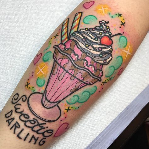 Sundae Tattoo, Milkshake Tattoo, Milky Drinks, Cupcake Tattoo, Cupcake Tattoos, Beautiful Flower Tattoos, Tattoos Gallery, Strawberry Ice Cream, Ice Cream Sundae