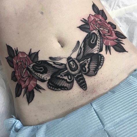 Traditional Lower Stomach Tattoo, Moth Tattoo Stomach, Tattoo Stomach, Traditional Moth Tattoo, Abdomen Tattoo, Lower Stomach Tattoos, Stomach Tattoos Women, 10 Tattoo, Belly Tattoos