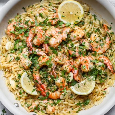 Shrimp Scampi Orzo - Dishing Out Health Shrimp Orzo Recipes, Orzo And Shrimp, Shrimp Orzo Pasta, Shrimp And Orzo, Butter Cauliflower, Dishing Out Health, Shrimp Orzo, Orzo Dishes, Cauliflower Recipes Healthy