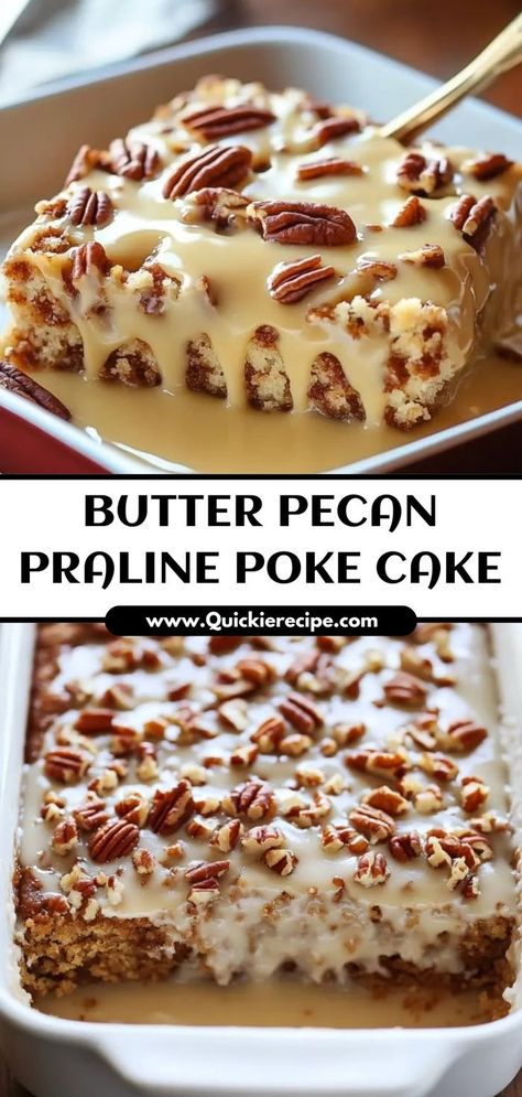 This Butter Pecan Praline Poke Cake is moist, buttery, and filled with caramel and pecans for a truly indulgent treat. Ingredients: 1 box butter pecan cake mix 1/2 cup caramel sauce 1/2 cup chopped pecans 1 cup whipped topping A rich and flavorful dessert that’s perfect for gatherings Butter Pecan Poke Cake, Pecan Poke Cake, Praline Sauce Recipe, Butter Pecan Praline Poke Cake, Pecan Praline Poke Cake, Praline Poke Cake, Pecan Praline Sauce, Pecan Desserts Recipes, Cake Poke