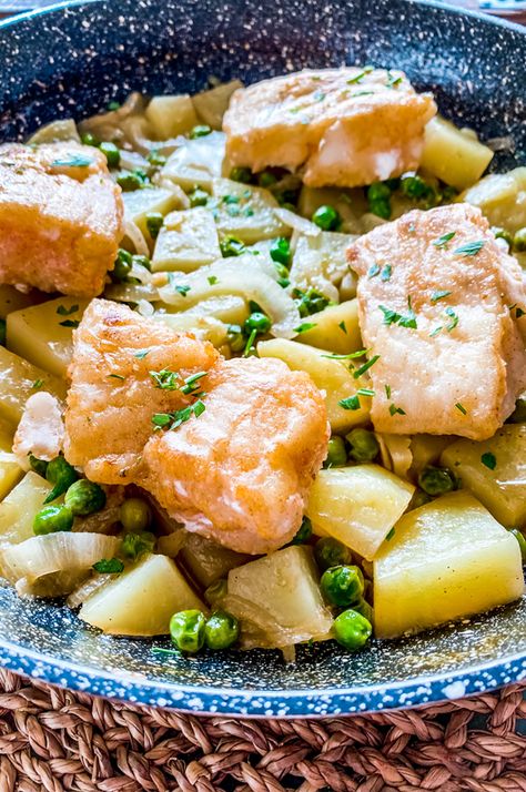 Classic One-Pan Spanish Cod with Potatoes & Peas | Easy Recipe Spanish Stew, Homemade Vegetable Broth, Large Fries, Small Potato, Cod Recipes, European Cuisine, Pea Recipes, One Pan Meals, Potato Recipes