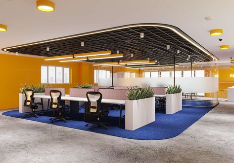 Blue Yellow Office, Lego Office, Workstation Design, Google Office, Workstations Design, Contemporary Office Design, Marketing Office, Cozy Interior Design, Modern Office Space