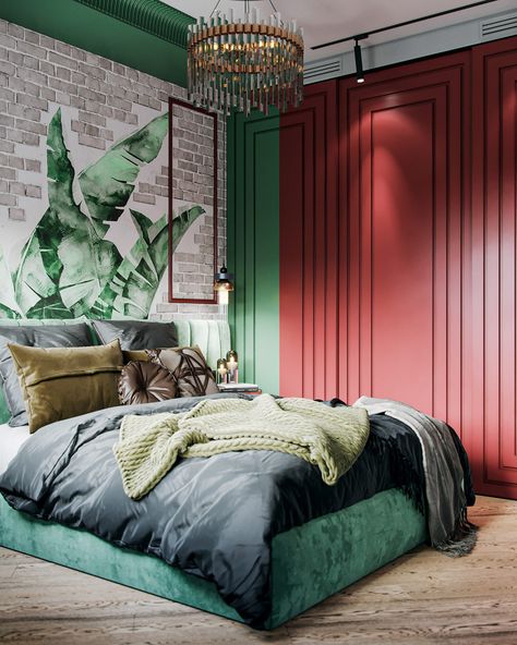 Live And Love Luxury Art Deco Style Interiors Cozy Farmhouse Bed, Red And Green Bedroom, Minimalist Sofa Bed, Color Schemes Interior Design, Black And White Hallway, Red Interior Design, Green Era, Art Deco Style Interior, New Art Deco