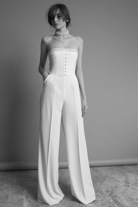 RAQUETTE Bridal 2019 Bridal Jumpsuit The Bride, White Bridal Jumpsuit, White Ballgown, Bride Pantsuit, Bridal Pants, Unusual Wedding Dresses, Wedding Pantsuit, Wedding Gowns With Sleeves, Simple Gowns