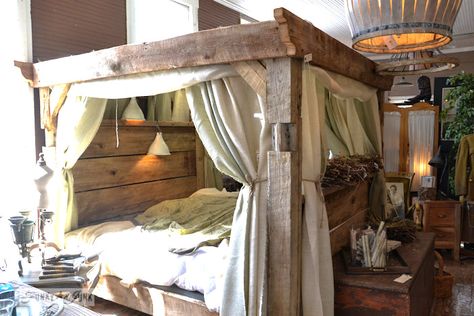 Poster Bed Ideas, Reclaimed Wood Bed, 4 Poster Bed, Reclaimed Wood Beds, 4 Poster Beds, Romantic Life, Funky Junk Interiors, Reclaimed Wood Projects, Four Poster Bed