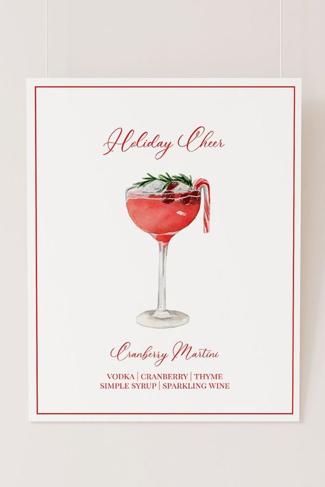 Christmas Signature Cocktail, Primark Christmas, Christmas Menu Design, Cranberry Martini, Thyme Simple Syrup, Holiday Martinis, Holiday Party Bar, Signature Cocktail Menu, Watercolor Menu