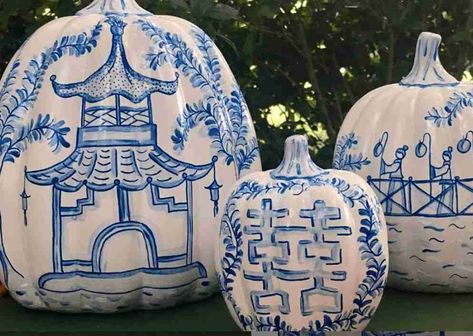 How To Paint Pumpkins With An Chinoiserie Design- Fall Decor – Gal Pal Lifestyle How To Paint Pumpkins, Diy Chinoiserie, Chinoiserie Painting, Fall Pumpkins Painting, Light Blue Paint Colors, Real Pumpkins, Paint Pumpkins, Chinoiserie Pumpkins, Dark Blue Paint