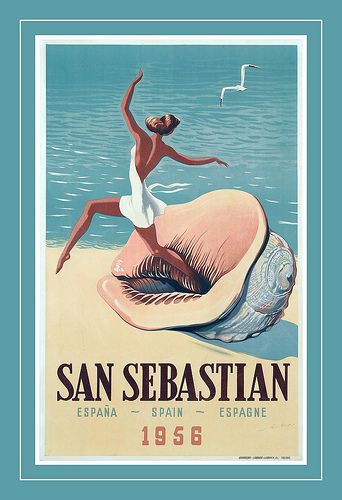 Playa de la concha, San Sebastian Old Posters, San Sebastian Spain, Postal Vintage, Travel Art Print, Vintage Advertising Posters, Vintage Apple, Basque Country, Ansel Adams, Poster Retro