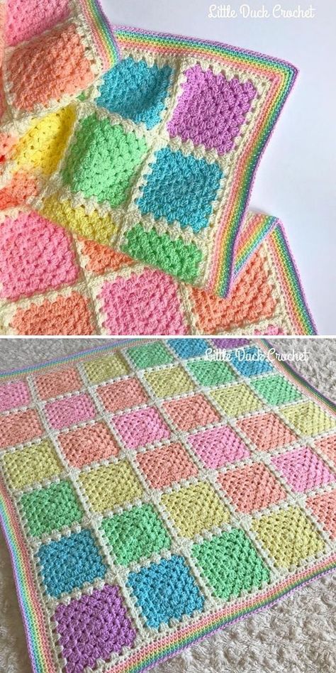 Arrangement of squares in a blanket is a crucial part of creating a design, so be sure you have this part thought over! Crocheter behind Little Duck Crochet decided to change the colors in diagonal rows and attach them to each other with neutral white joining. Look at the picture closely, because you will also see a lovely rainbow border! #grannysquare #crochetgrannysquare #grannysquareblanket #freecrochetpattern #crochetpattern How To Arrange Granny Squares, Border Granny Square Blanket, Granny Square Blanket Designs, How To Crochet A Border Around A Granny Square Blanket, Border For Granny Square Blanket Free Pattern, Crochet Borders For Granny Square Blankets, Multi Colored Granny Squares, Crochet Granny Square Blanket Border, Granny Squares Projects Ideas