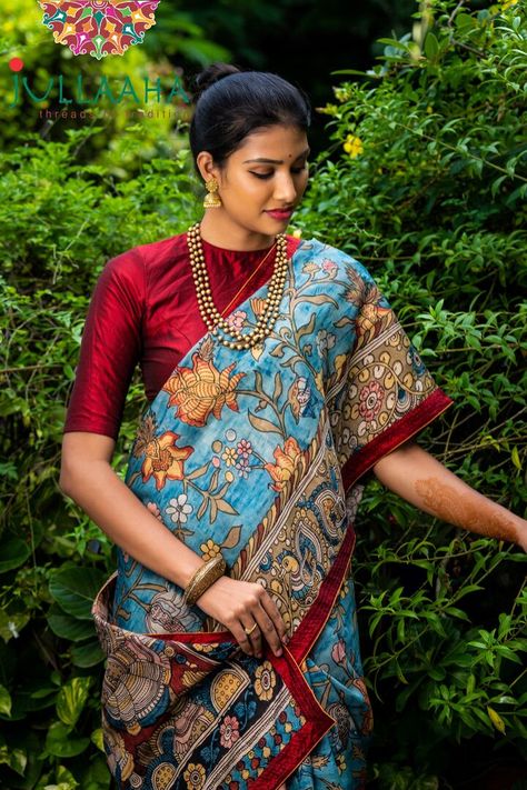 Kalamkari Saree Blouse Designs Latest, Kalamkari Pattu Saree Blouse Designs, Blouses For Kalamkari Sarees, Blouse For Kalamkari Saree, Latest Fabrics Trends, Tussar Silk Saree Blouses, Kalamkari Saree Blouse Designs, Kalamkari Blouse Designs Latest, Kalamkari Pattu Sarees